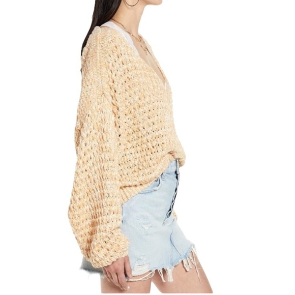 Free People Coconut V-Neck Oversized Cotton Blend Knit Pullover Yellow - Picture 2 of 9